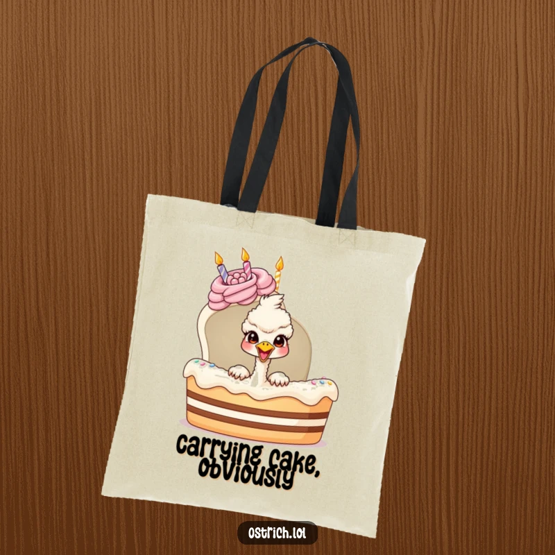 Funny ostrich peeking from a birthday cake on a tote bag, a comical and practical funny gift.