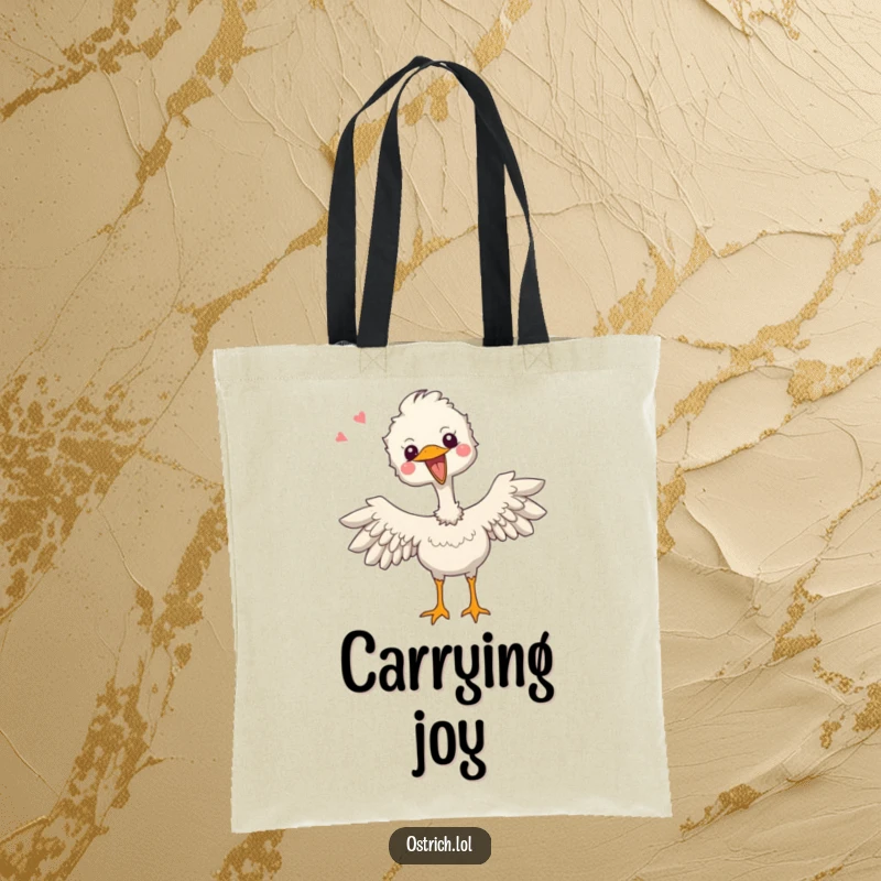 Funny tote bag featuring a joyful ostrich character happily flapping its tiny wings with contagious excitement.