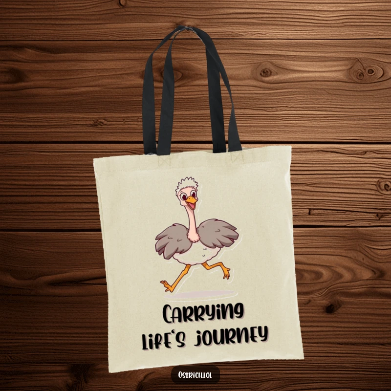 Funny Ostrich Stride Tote Bag: A happy ostrich character taking a huge stride. Practical and inspirational for everyday use. Gift idea.