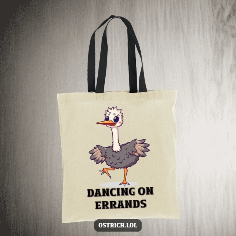 Funny ostrich tote bag illustrated with an excited bird doing a happy jig, its long neck swaying with energetic and cheerful motion.