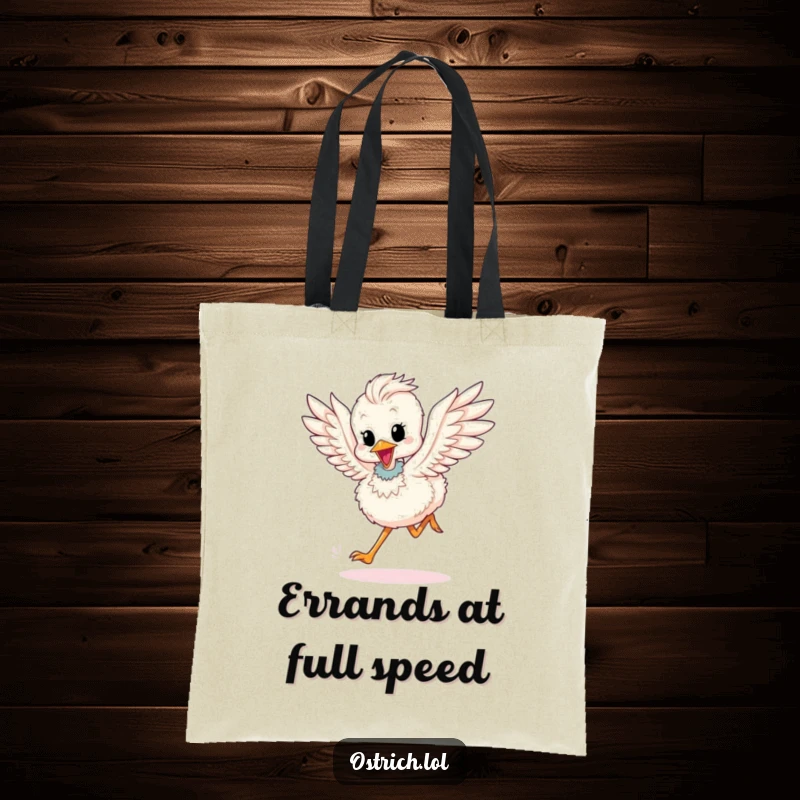 Funny tote bag: A cute ostrich chick running at full speed, flapping its wings excitedly.