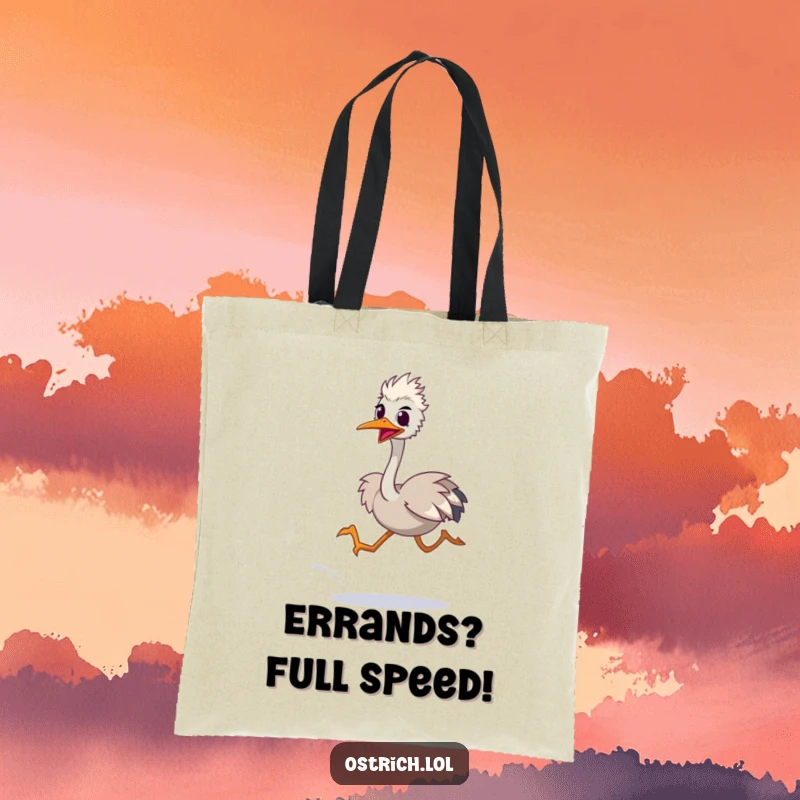 Funny tote bag showing an ostrich character in mid-sprint with legs blurred, symbolizing speed and a humorous, energetic journey.