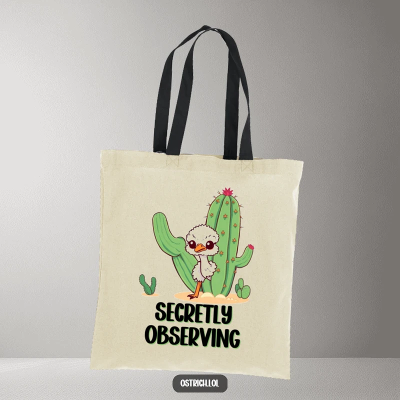 Funny curious ostrich peeking playfully around a desert cactus on a tote bag, highlighting whimsy and adventure, great for a funny gift.