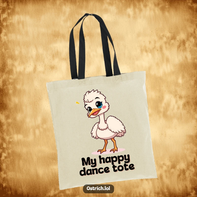 Funny ostrich character giggling and doing a wobbly dance, depicted on a practical and humorous tote bag.