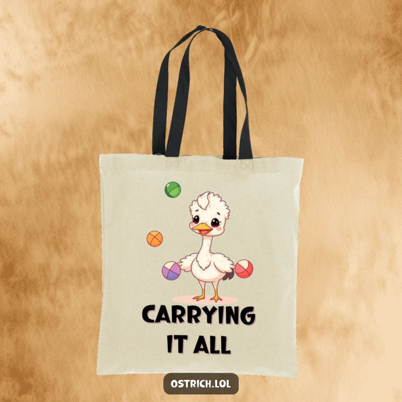 Funny cheerful ostrich juggling colorful balls on a tote bag, a practical and humorous funny gift.
