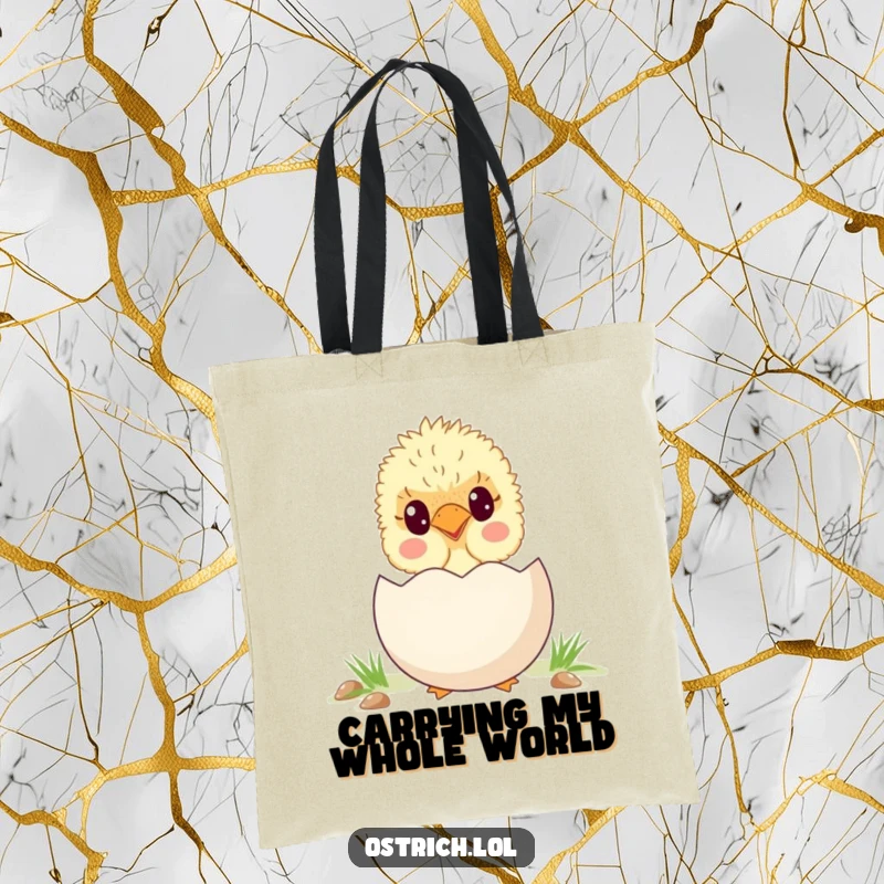 Funny, endearing ostrich chick peeking from behind a large egg, featured on a practical and humorous tote bag.