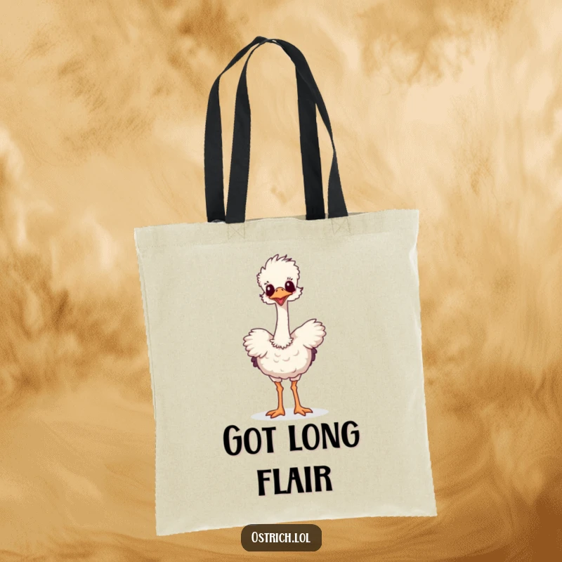 Funny tote bag displaying a long-necked ostrich in a hilarious, energetic dance. Practical and amusing for everyday use.