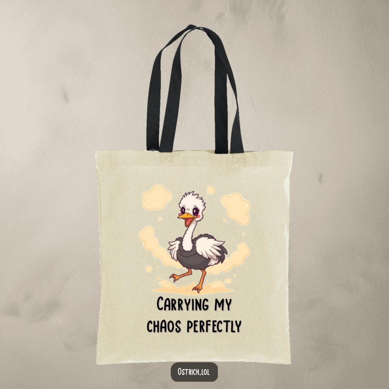 Funny ostrich character energetically kicking up dust, displayed on a durable tote bag, showcasing its lively and humorous nature.