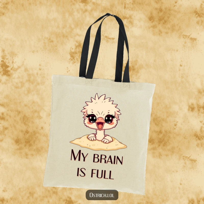 Funny ostrich character burying its head in sand, with only its startled eyes showing, on a practical and humorous tote bag.