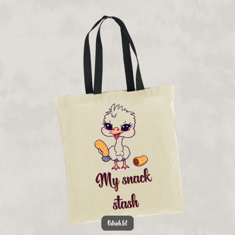 Funny ostrich tote bag illustrated with a cunning bird caught in the act of trying to steal a peanut, great for everyday use.