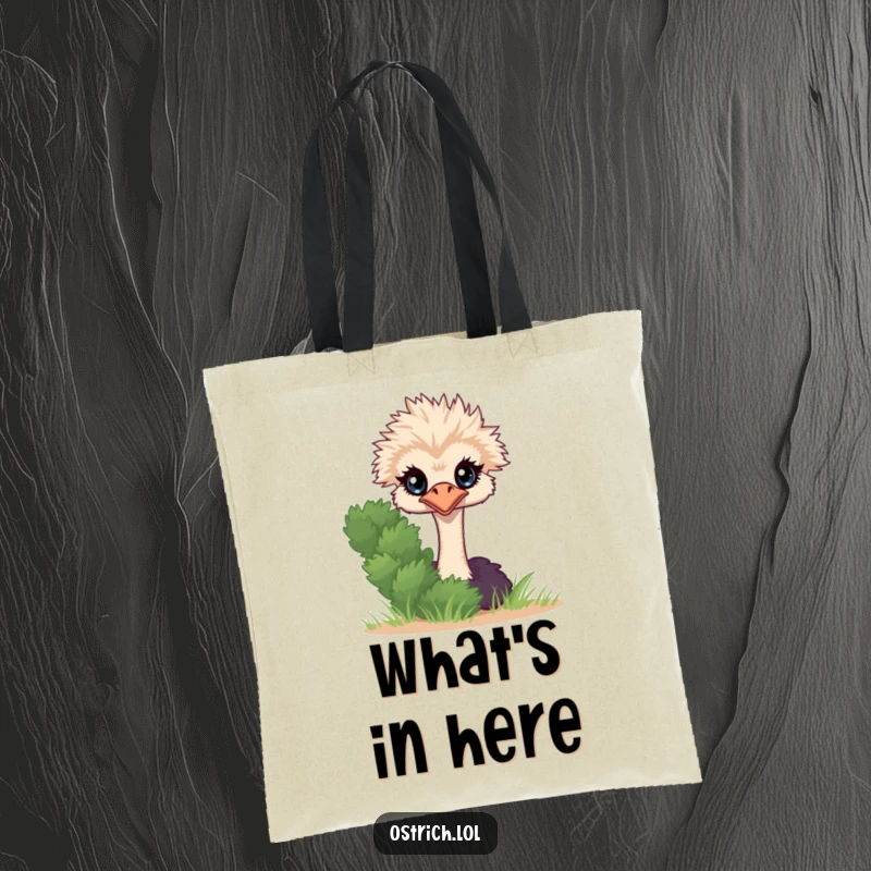 Funny Ostrich Peeking Tote Bag, a curious character peeking from behind a bush, ready for errands.
