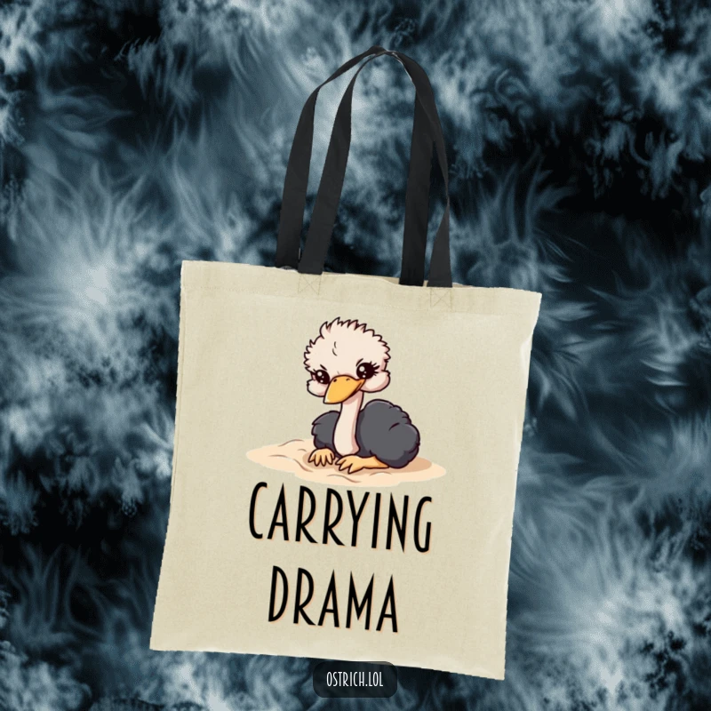 Funny tote bag featuring an ostrich character dramatically burying its head in soft sand, representing a comical retreat.