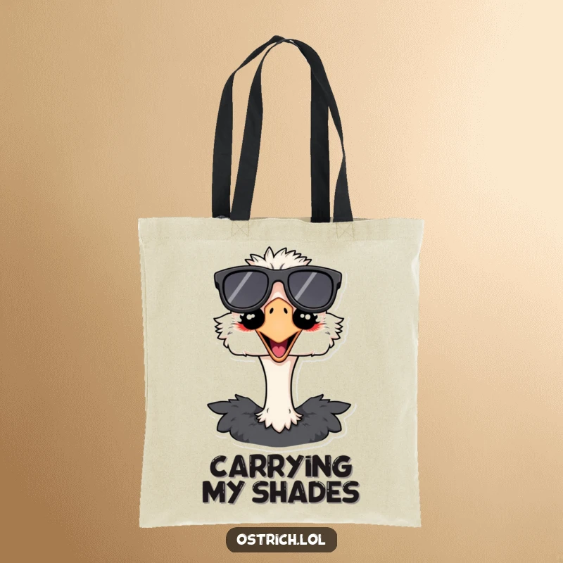 Funny ostrich tote bag featuring a grinning bird wearing oversized sunglasses, ready to carry your belongings with maximum cool and humor.