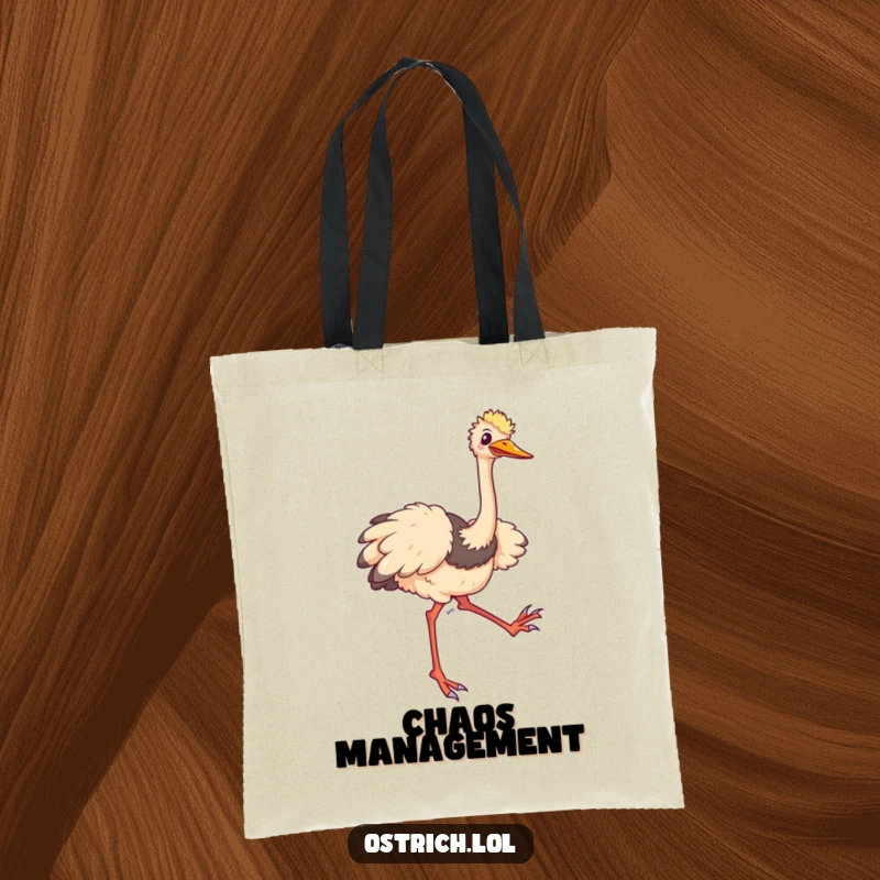 Funny ostrich tote bag featuring a comical character tripping and flailing its long legs happily, a humorous accessory.