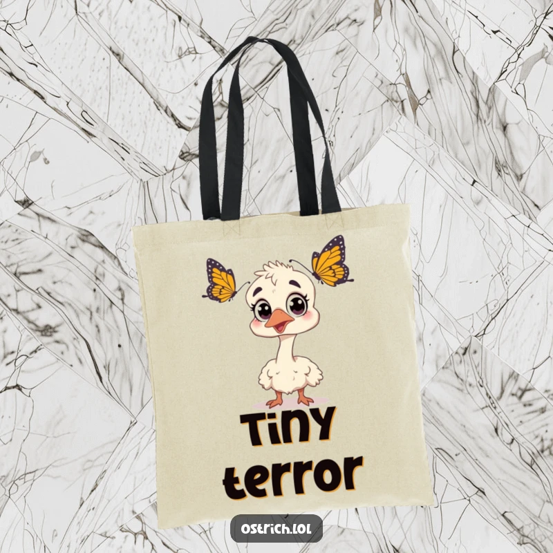 Funny ostrich with wide eyes, looking shocked at a butterfly on a tote bag, blending practicality with hilarious surprise, perfect gift.