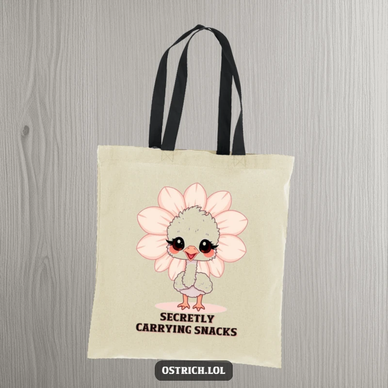 Funny baby ostrich peeking from behind a flower on a durable tote bag, a stylish and humorous accessory for daily use.