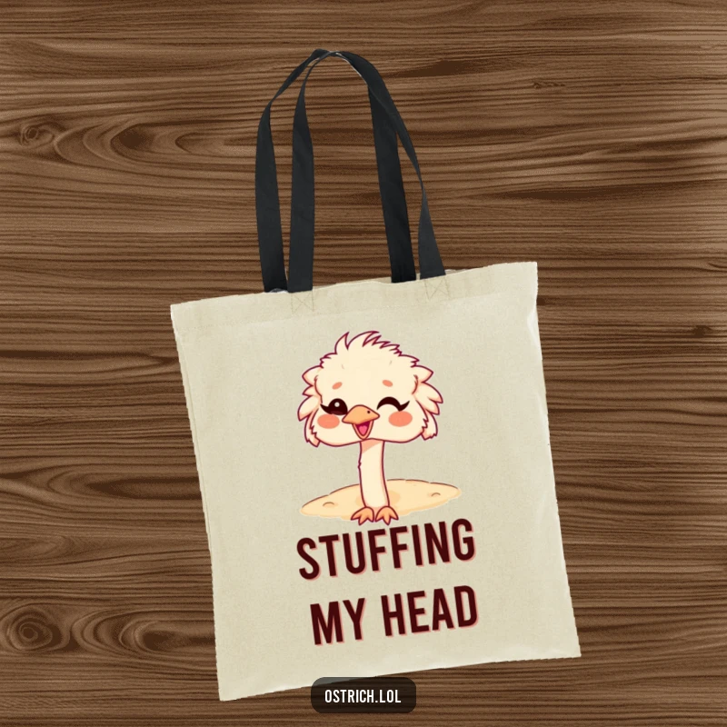 Funny Ostrich Head in Sand Tote Bag, a giggling ostrich with its head buried, carrying essentials with humor.