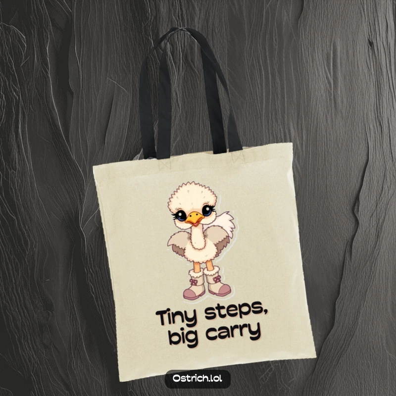 Funny tote bag with a baby ostrich character confidently stepping out in enormous, oversized boots.